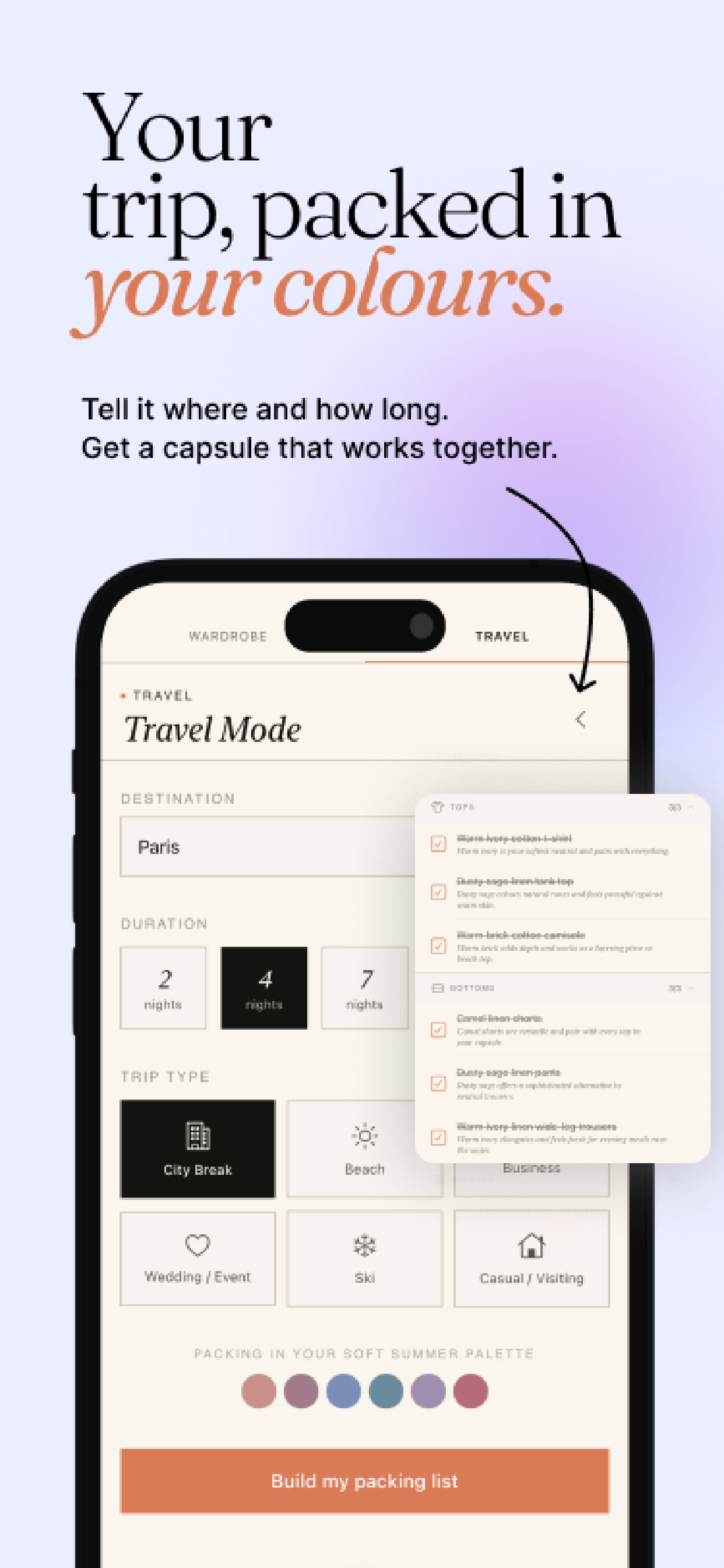 Travel mode — a capsule packed in your colours